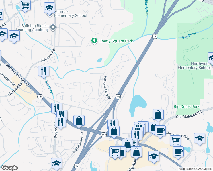 map of restaurants, bars, coffee shops, grocery stores, and more near 218 Chads Ford Way in Roswell