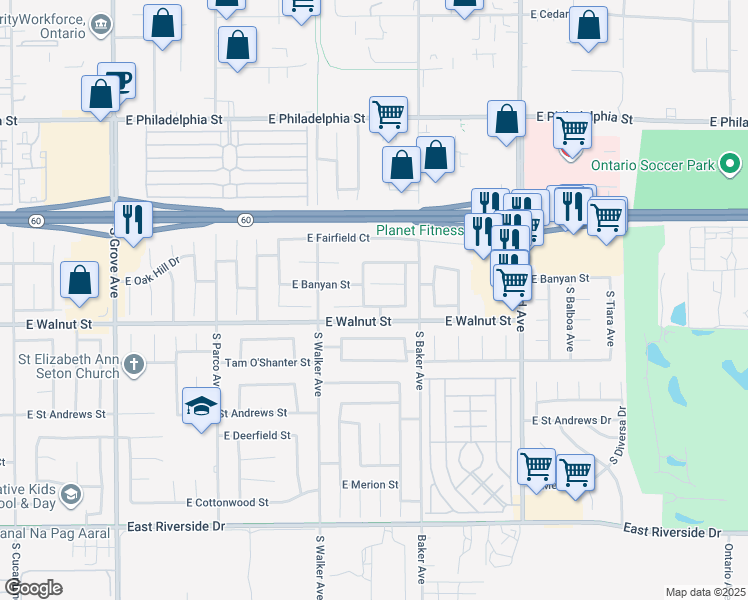 map of restaurants, bars, coffee shops, grocery stores, and more near 1557 East Cherry Hill Street in Ontario