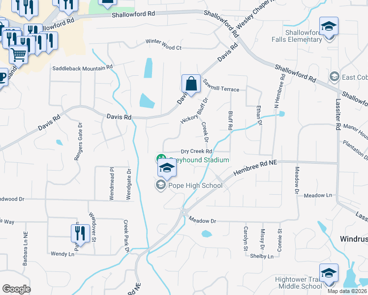 map of restaurants, bars, coffee shops, grocery stores, and more near 3451 Dry Creek Road in Marietta