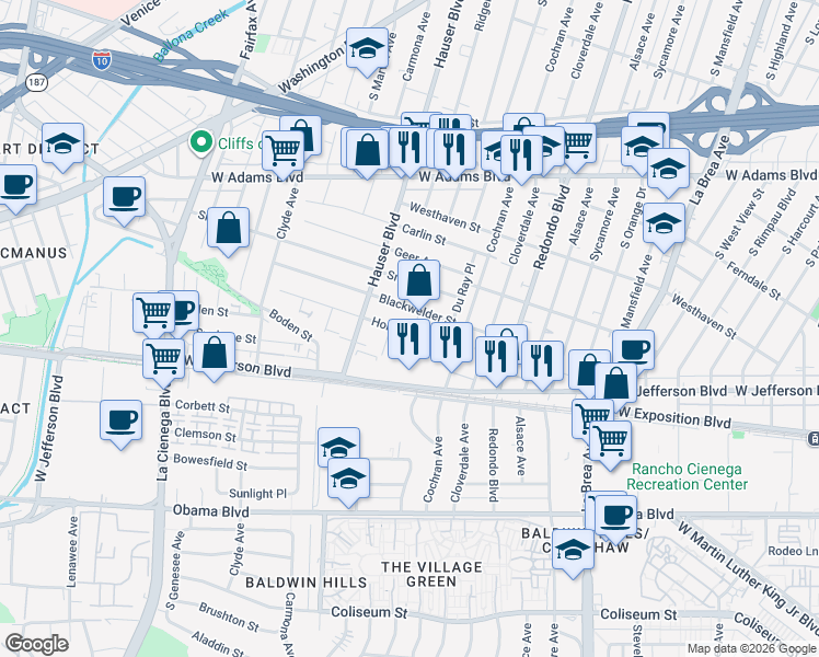 map of restaurants, bars, coffee shops, grocery stores, and more near 5351 Homeside Avenue in Los Angeles