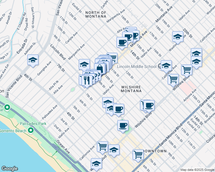 map of restaurants, bars, coffee shops, grocery stores, and more near 847 9th Street in Santa Monica