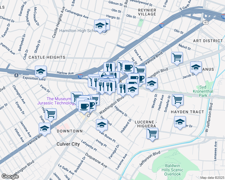 map of restaurants, bars, coffee shops, grocery stores, and more near 3710 Hoke Avenue in Culver City