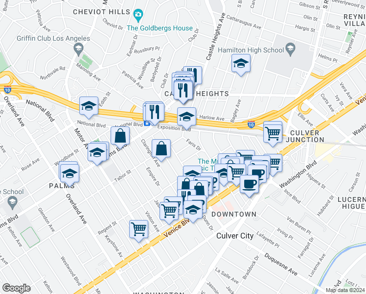 map of restaurants, bars, coffee shops, grocery stores, and more near 9825 Hannum Drive in Los Angeles