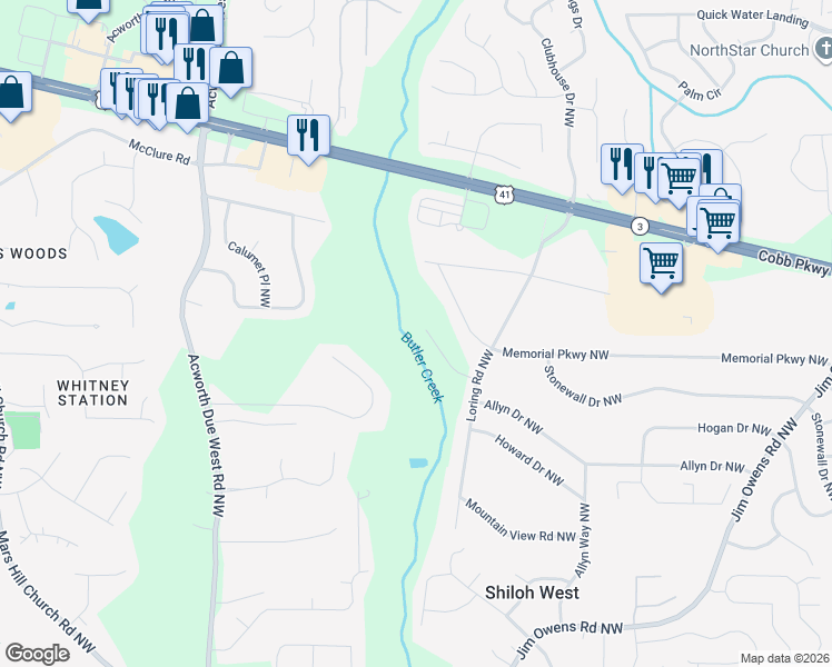 map of restaurants, bars, coffee shops, grocery stores, and more near 3973 Loring Road in Kennesaw