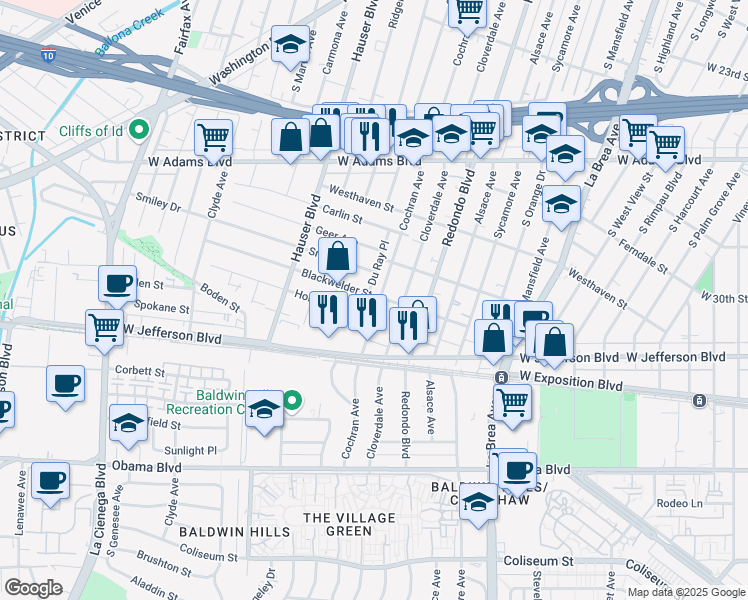 map of restaurants, bars, coffee shops, grocery stores, and more near 2903 South Cochran Avenue in Los Angeles