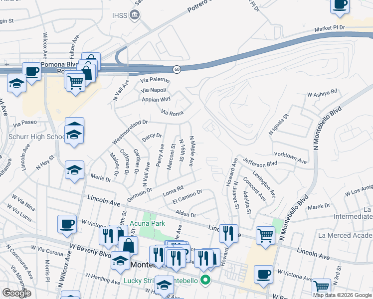map of restaurants, bars, coffee shops, grocery stores, and more near 836 N 16th St in Montebello