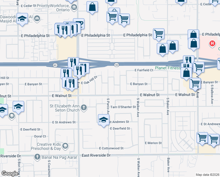 map of restaurants, bars, coffee shops, grocery stores, and more near 2527 South Parco Avenue in Ontario