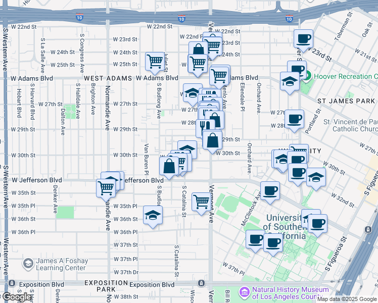 map of restaurants, bars, coffee shops, grocery stores, and more near 1356 West 30th Street in Los Angeles