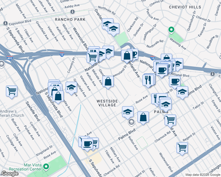 map of restaurants, bars, coffee shops, grocery stores, and more near 3214 Midvale Avenue in Los Angeles