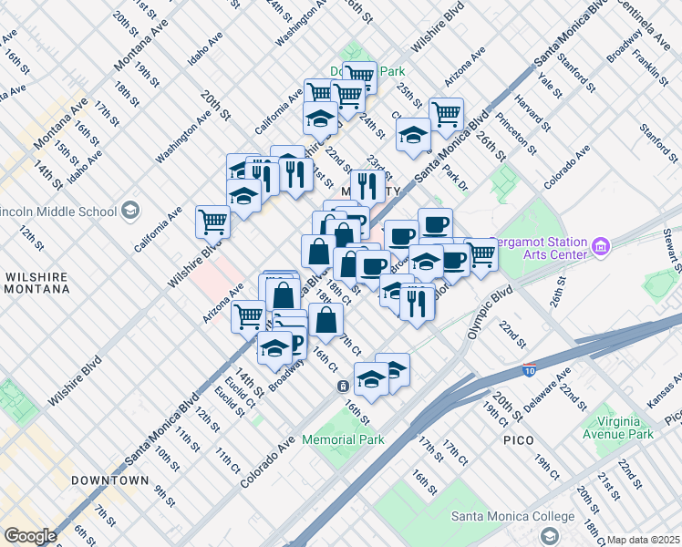 map of restaurants, bars, coffee shops, grocery stores, and more near 1417 19th Street in Santa Monica