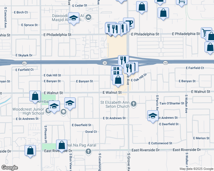 map of restaurants, bars, coffee shops, grocery stores, and more near 2527 South Raymond Place in Ontario