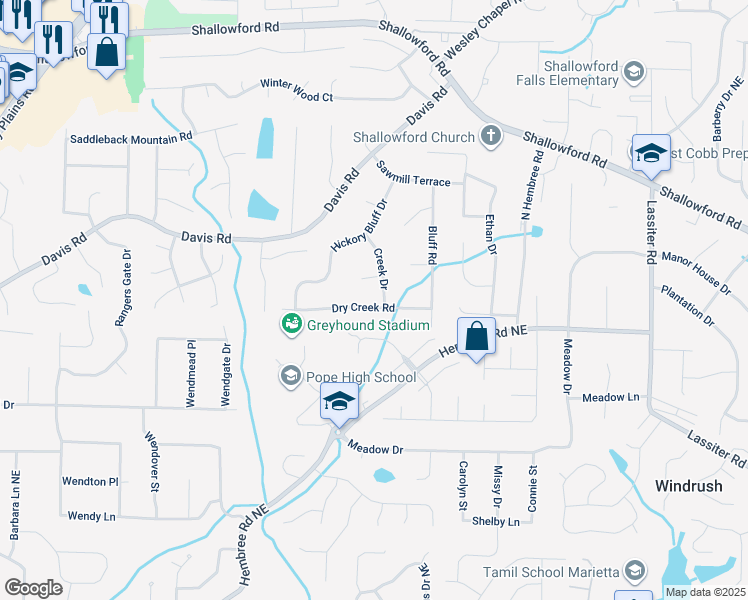 map of restaurants, bars, coffee shops, grocery stores, and more near 3481 Dry Creek Road in Marietta
