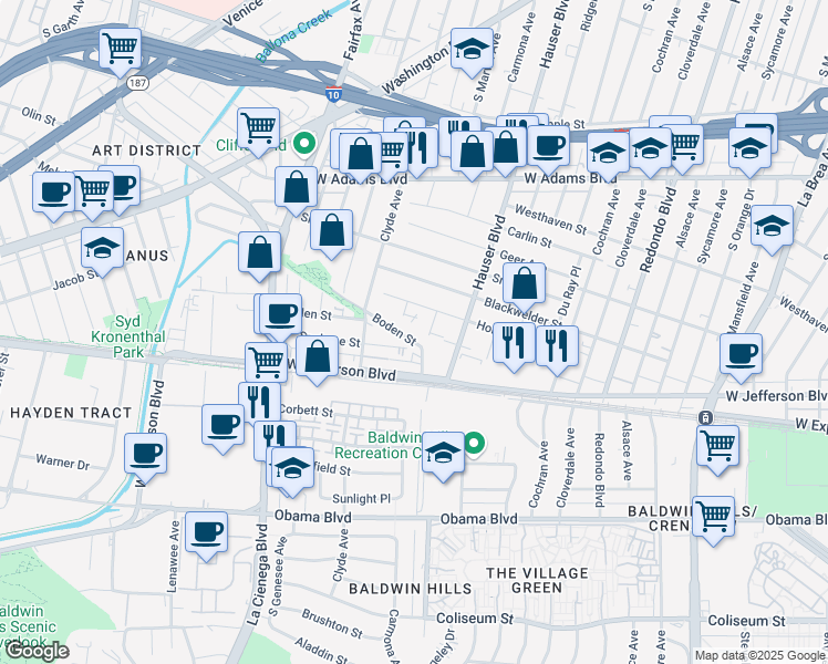 map of restaurants, bars, coffee shops, grocery stores, and more near 5515 Boden Street in Los Angeles
