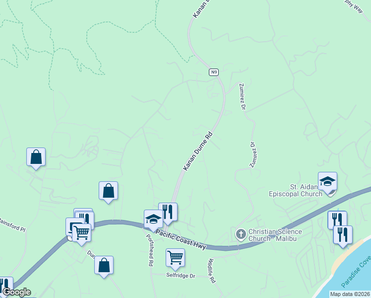 map of restaurants, bars, coffee shops, grocery stores, and more near 6061 Kanan Dume Road in Malibu