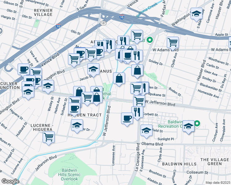 map of restaurants, bars, coffee shops, grocery stores, and more near 3345 La Cienega Place in Los Angeles