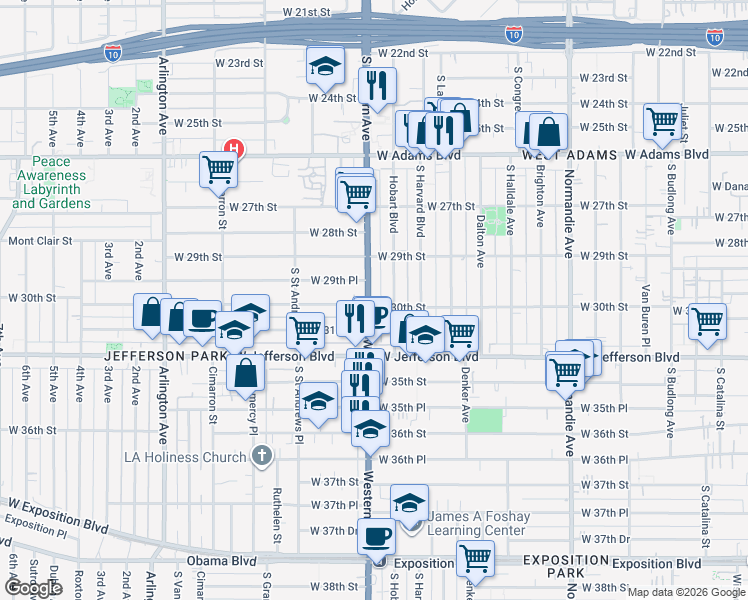 map of restaurants, bars, coffee shops, grocery stores, and more near 2952 South Western Avenue in Los Angeles