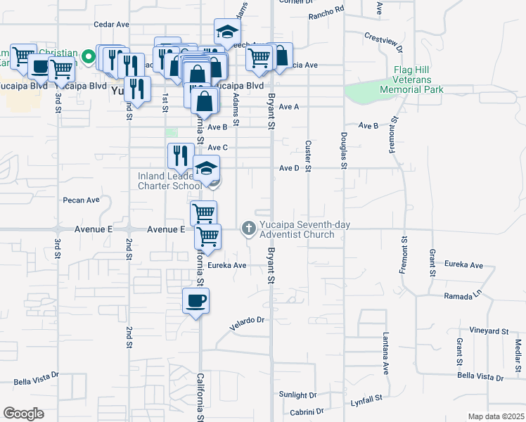 map of restaurants, bars, coffee shops, grocery stores, and more near 12452 Bryant Street in Yucaipa
