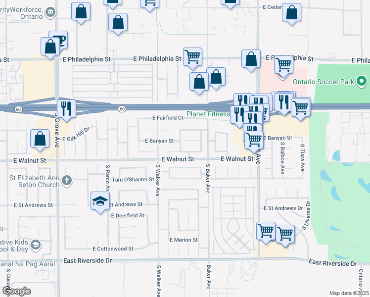 map of restaurants, bars, coffee shops, grocery stores, and more near 1557 East Cherry Hill Street in Ontario