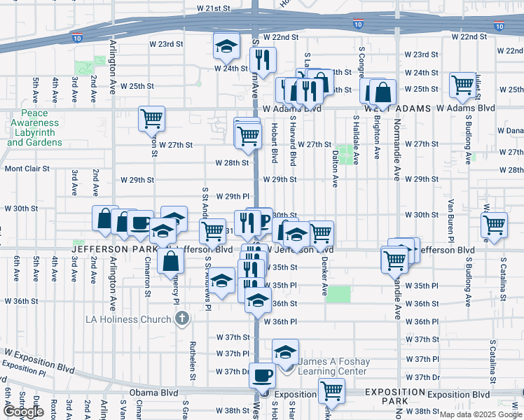 map of restaurants, bars, coffee shops, grocery stores, and more near 2952 South Western Avenue in Los Angeles