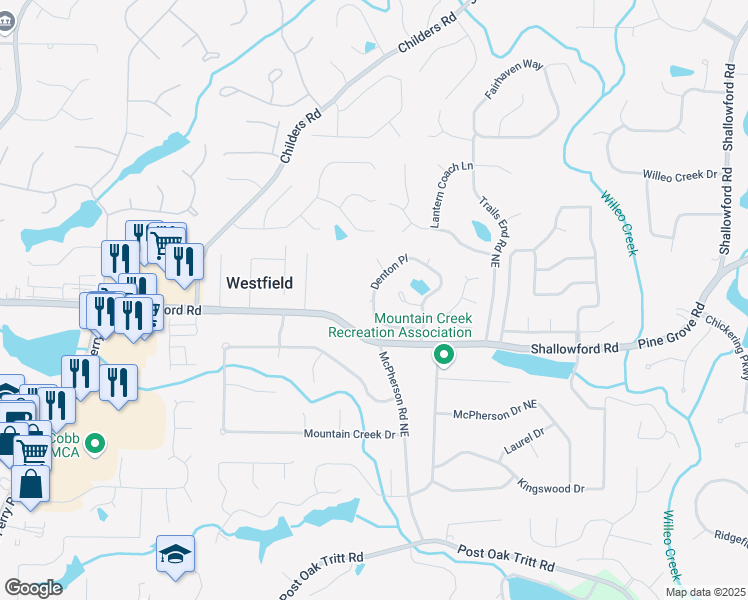 map of restaurants, bars, coffee shops, grocery stores, and more near 3148 Denton Place in Roswell