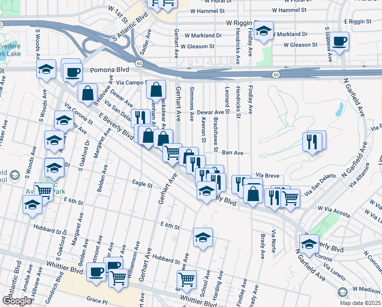 map of restaurants, bars, coffee shops, grocery stores, and more near 381 Simmons Avenue in Montebello