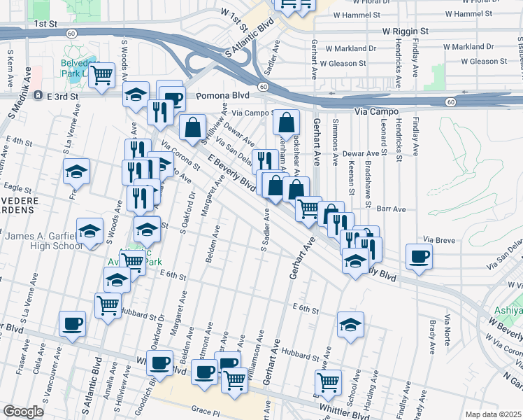 map of restaurants, bars, coffee shops, grocery stores, and more near 5529 Via Corona Street in East Los Angeles