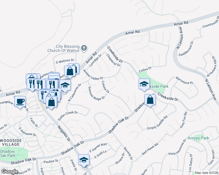 map of restaurants, bars, coffee shops, grocery stores, and more near 19111 Summit Ridge Drive in Walnut