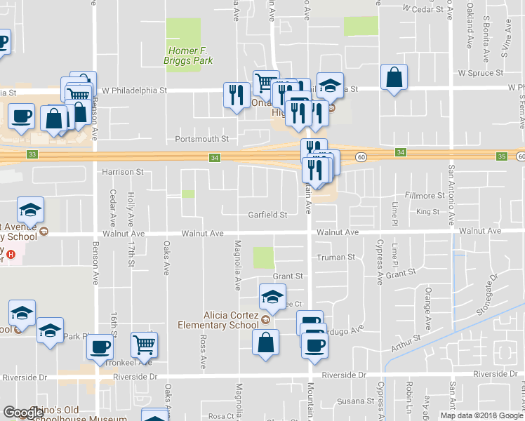 map of restaurants, bars, coffee shops, grocery stores, and more near 6170 Garfield Street in Chino