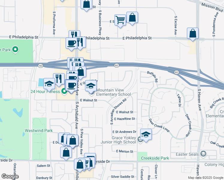 map of restaurants, bars, coffee shops, grocery stores, and more near 2920 East Firecrest Court in Ontario