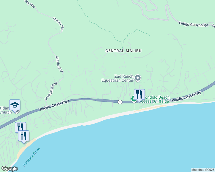 map of restaurants, bars, coffee shops, grocery stores, and more near 27545 Pacific Coast Highway in Malibu