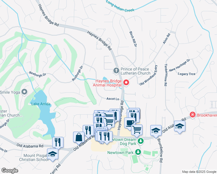 map of restaurants, bars, coffee shops, grocery stores, and more near 3075 Woodvale Court in Alpharetta
