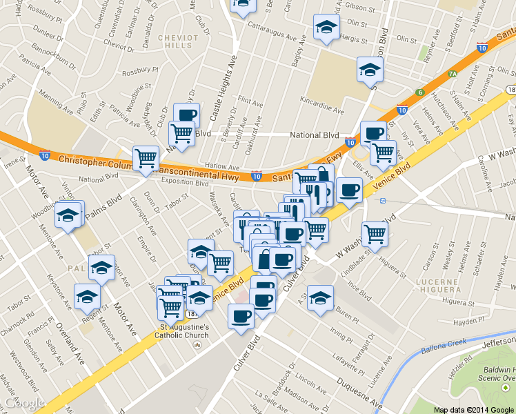 map of restaurants, bars, coffee shops, grocery stores, and more near 3701 Bagley Avenue in Los Angeles