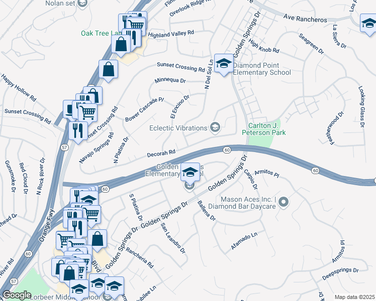 map of restaurants, bars, coffee shops, grocery stores, and more near 23960 Decorah Rd in Diamond Bar