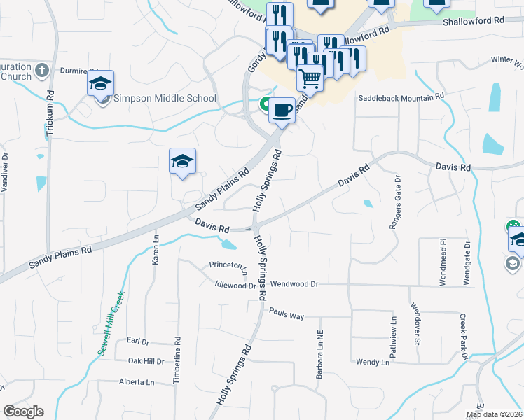 map of restaurants, bars, coffee shops, grocery stores, and more near 3160 Holly Springs Road in Marietta