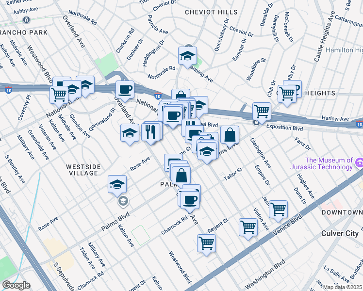 map of restaurants, bars, coffee shops, grocery stores, and more near 3354 Mentone Avenue in Los Angeles