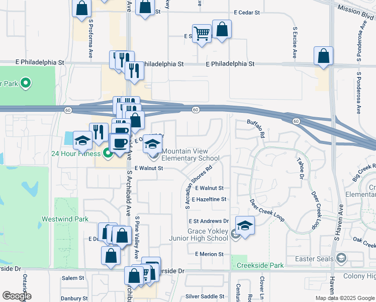 map of restaurants, bars, coffee shops, grocery stores, and more near 2914 East Firecrest Court in Ontario