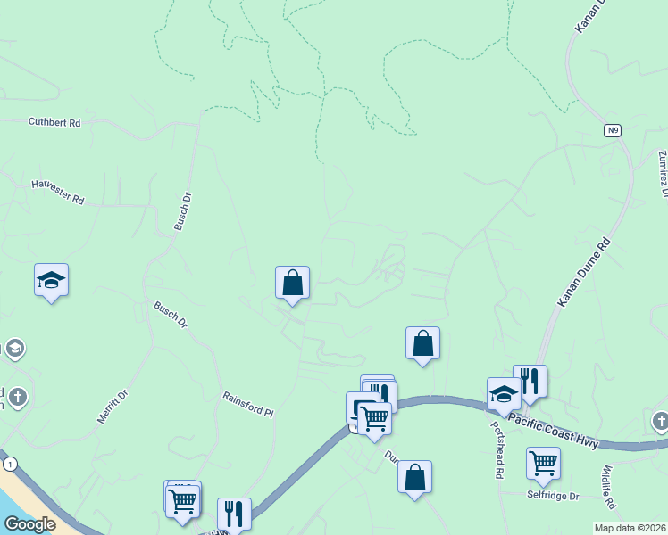 map of restaurants, bars, coffee shops, grocery stores, and more near 5838 Bonsall Drive in Malibu