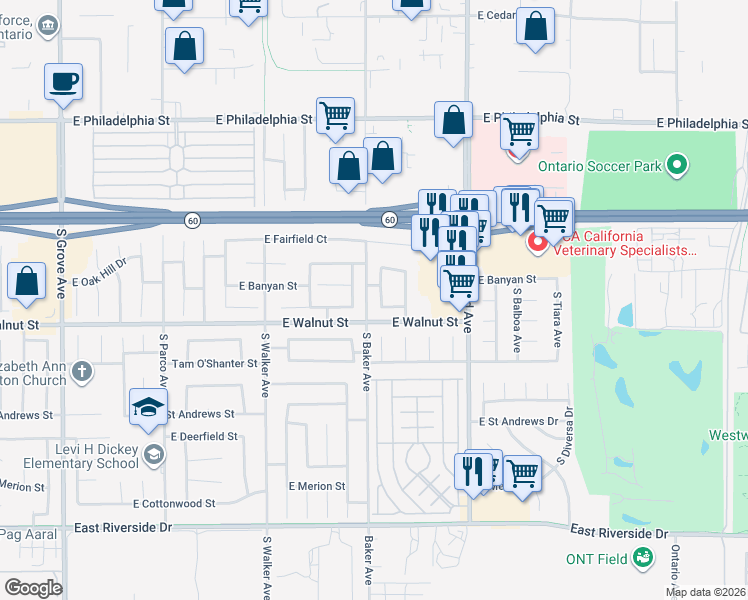 map of restaurants, bars, coffee shops, grocery stores, and more near 2532 South Quaker Ridge Place in Ontario