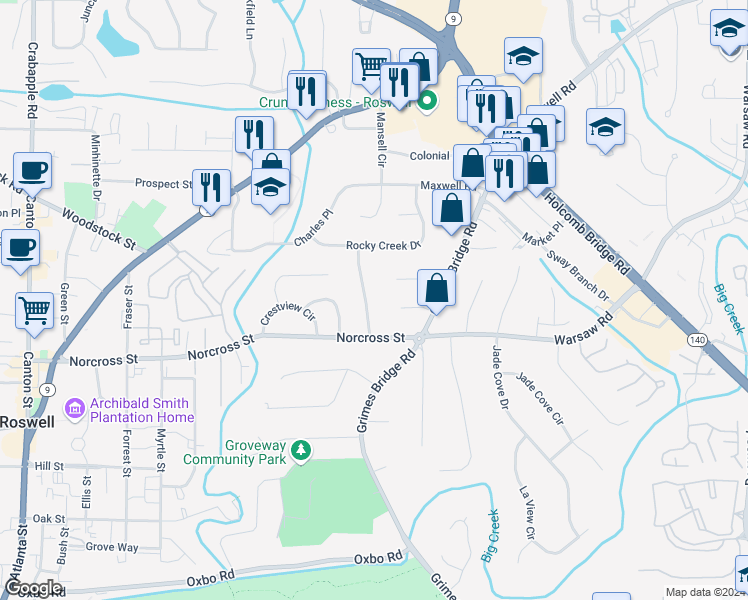 map of restaurants, bars, coffee shops, grocery stores, and more near 1055 Delmont Terrace in Roswell