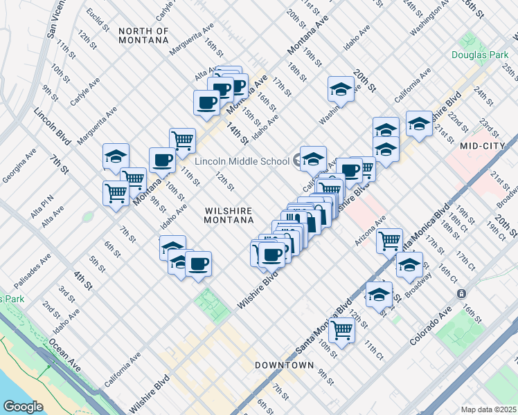 map of restaurants, bars, coffee shops, grocery stores, and more near 1027 12th Street in Santa Monica