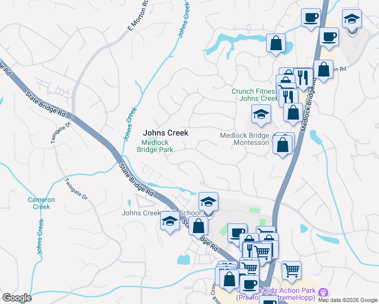 map of restaurants, bars, coffee shops, grocery stores, and more near 5535 Grove Point Road in Alpharetta