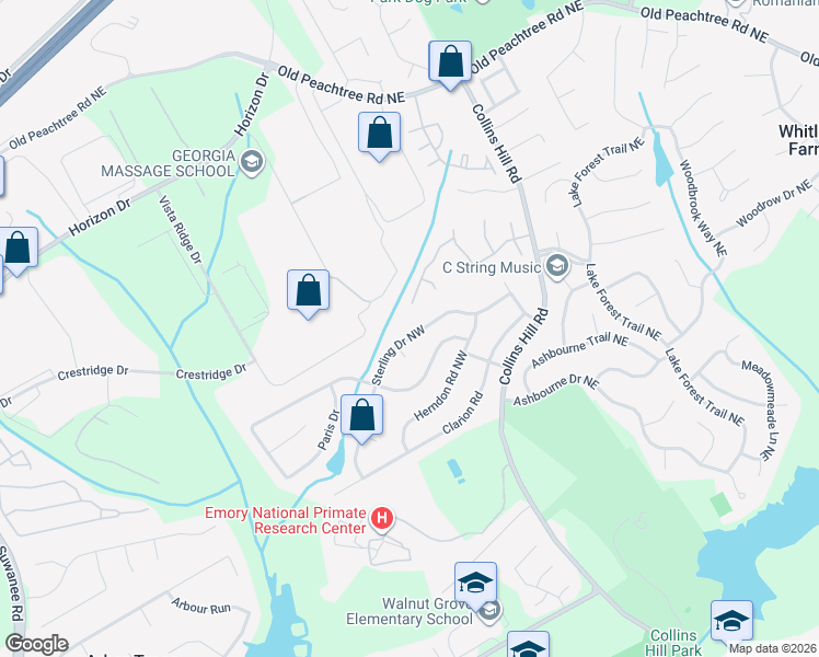 map of restaurants, bars, coffee shops, grocery stores, and more near 2754 Sterling Drive Northwest in Lawrenceville