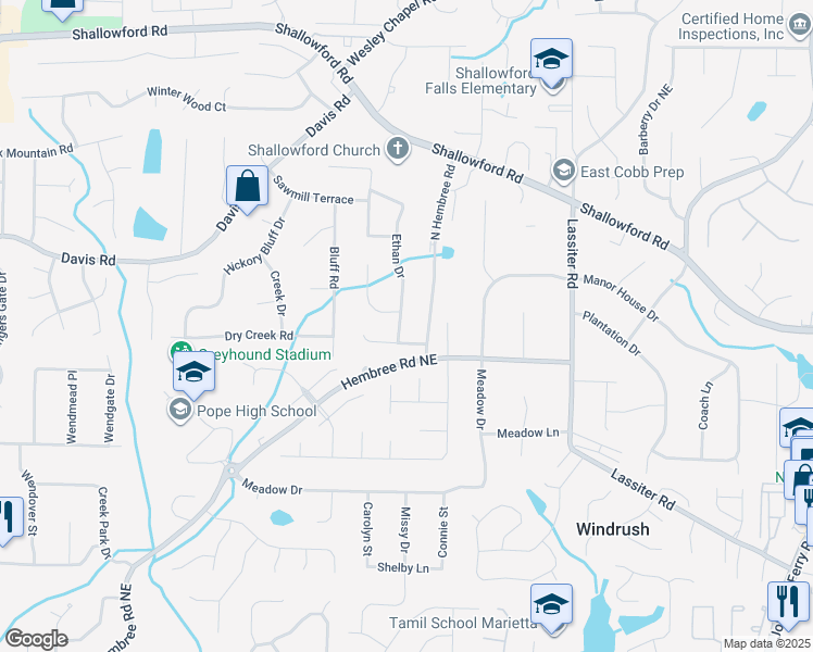 map of restaurants, bars, coffee shops, grocery stores, and more near 3220 Ethan Drive in Marietta