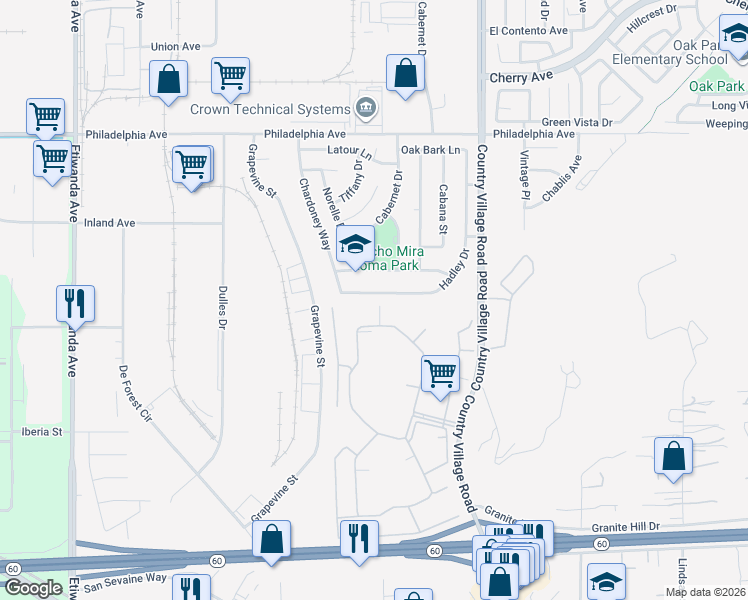 map of restaurants, bars, coffee shops, grocery stores, and more near 3514 Hadley Drive in Jurupa Valley