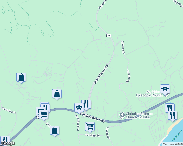 map of restaurants, bars, coffee shops, grocery stores, and more near 6061 Kanan Dume Road in Malibu
