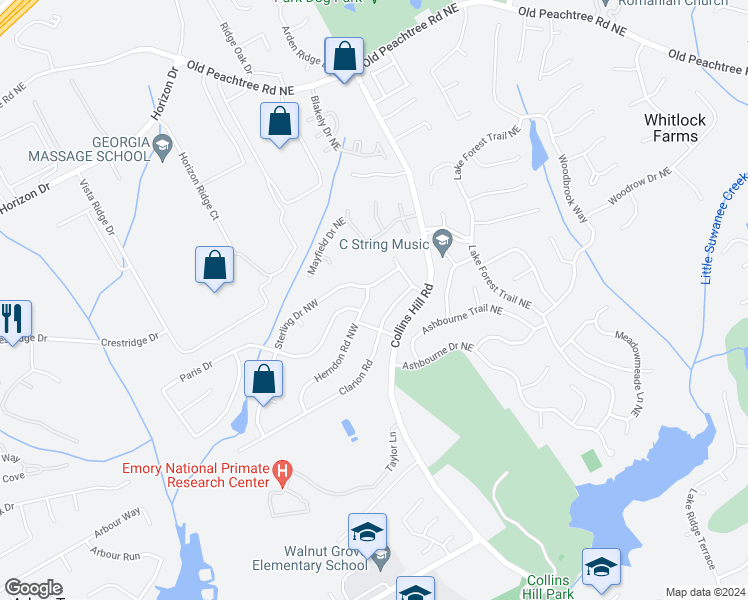 map of restaurants, bars, coffee shops, grocery stores, and more near 2753 Herndon Road Northwest in Lawrenceville