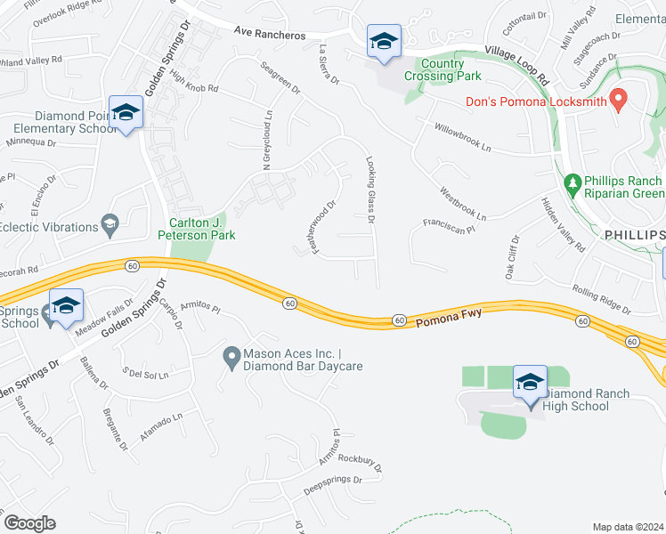 map of restaurants, bars, coffee shops, grocery stores, and more near 657 Featherwood Drive in Diamond Bar