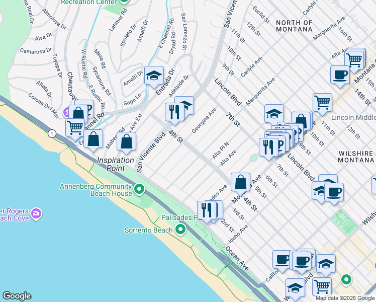 map of restaurants, bars, coffee shops, grocery stores, and more near 416 4th Street in Santa Monica
