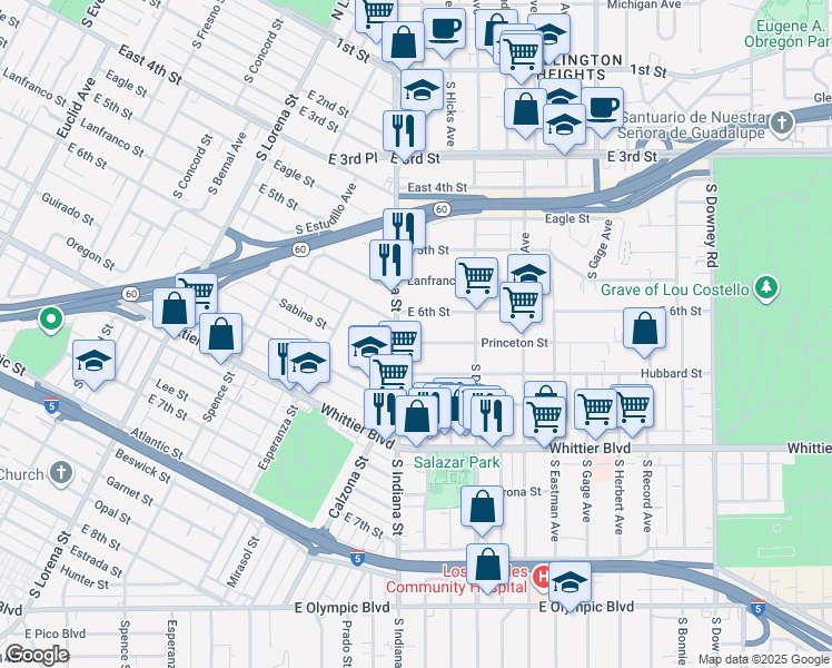 map of restaurants, bars, coffee shops, grocery stores, and more near 3741 East Princeton Street in Los Angeles