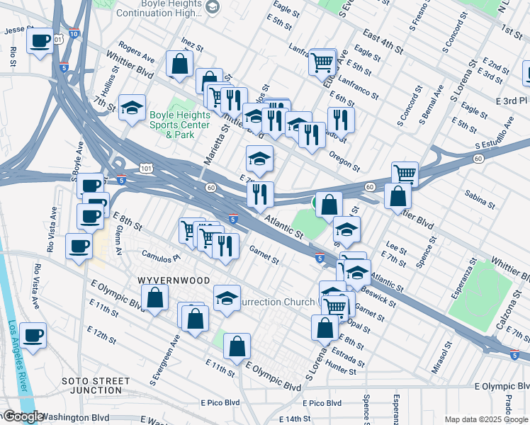 map of restaurants, bars, coffee shops, grocery stores, and more near 1040 Euclid Avenue in Los Angeles